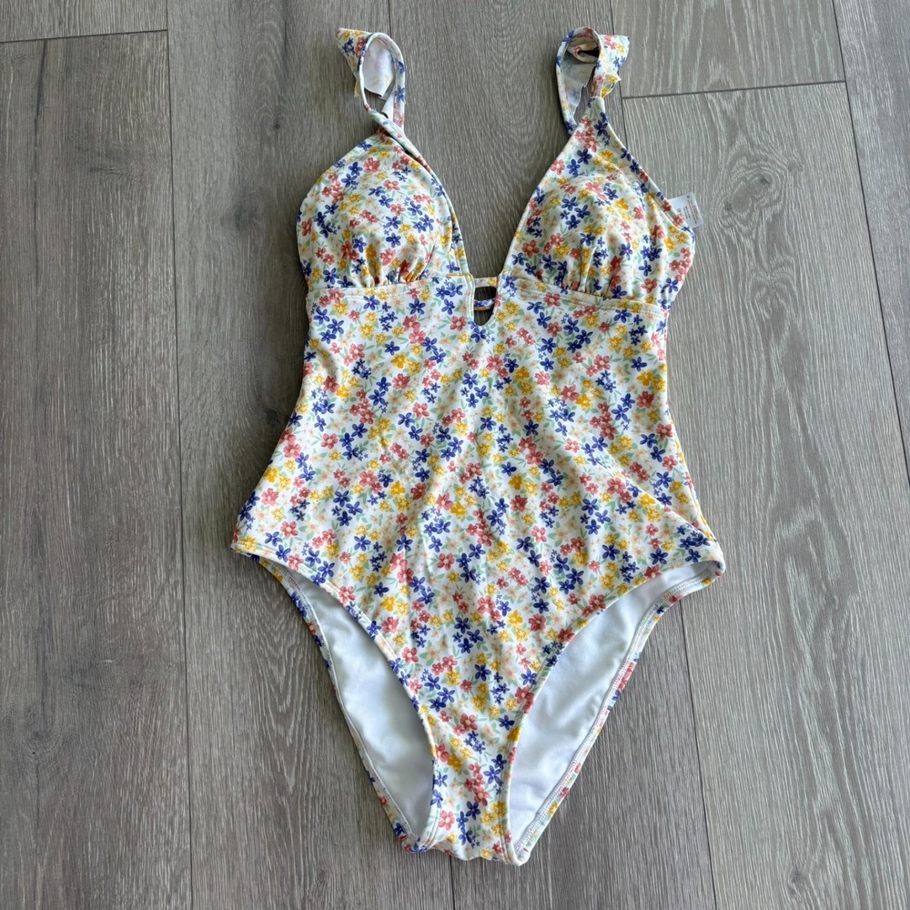Shade & Shore Womens Ditsy Floral Ruffle Shoulder Plunge One Piece Swimsuit S